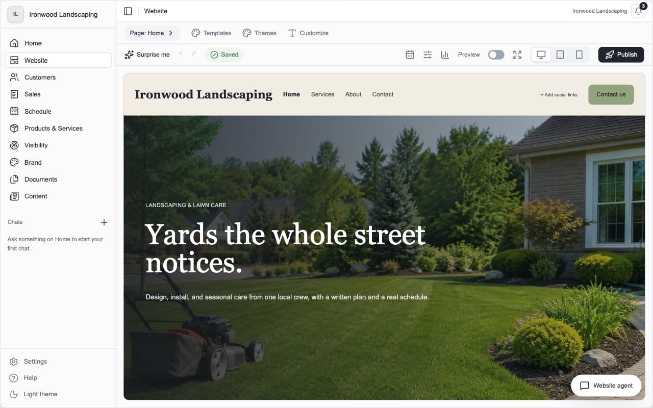 HardLaunch’s website editor showing the fictional Ironwood Landscaping site